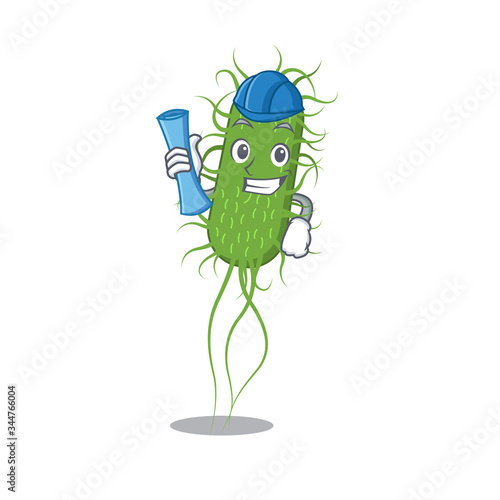 Cartoon character of e.coli bacteria brainy Architect with blue prints and blue helmet