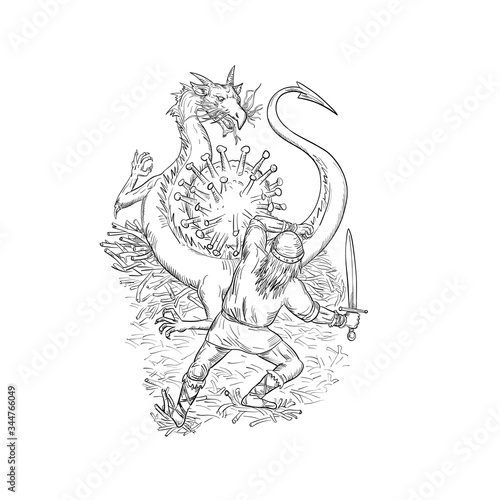 Drawing sketch style illustration of a brave medieval knight fighting an angry aggressive dragon guarding coronavirus or covid-19 cell on isolated white background in black and white.