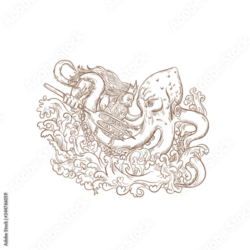 Drawing sketch style illustration of Roman god Neptune or Poseidon, Greek god of the sea, with trident and crown fighting a Kraken, giant octopus on isolated white background.