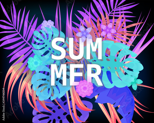 Summer trendy neon tropical leaves exotical plants palm jungle leaf