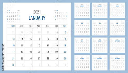 Calendar 2021 planner blue corporate template design set. Week starts on Sunday.