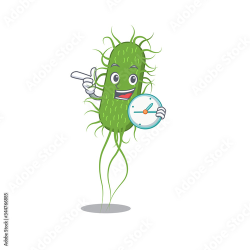 E.coli bacteria mascot design concept smiling with clock