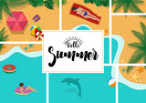 Hello Summer with Summer Relaxation Background - Colorful Illustration with Beach and Sea and Palm Leaves and Resting People on Vacation, Vector