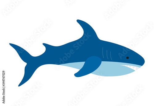 A big blue shark swims in a flat style on a white background. Dangerous fish with large jaws lives in the seas and oceans around the world.Illustration of an animal for printing on t-shirts, clothes