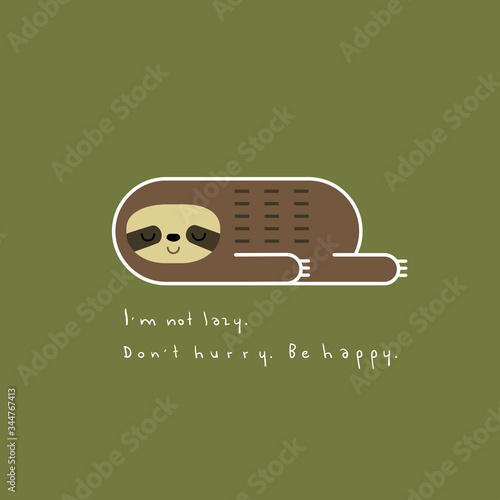 Vector illustration of lovely lazy sloth in linear geometric style lying on a green background. Be happy for card design, t-shirt or textile print.