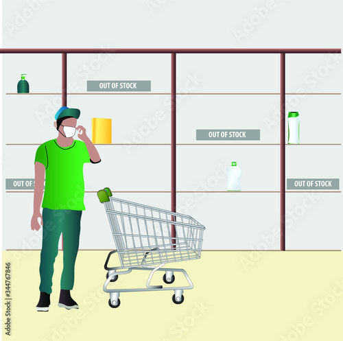 Doomsday chaos and pandemic virus outbreak concept, customer in panic buying lots of food due to movement control by government