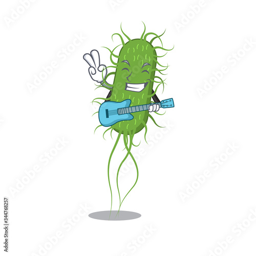 Talented musician of e.coli bacteria cartoon design playing a guitar