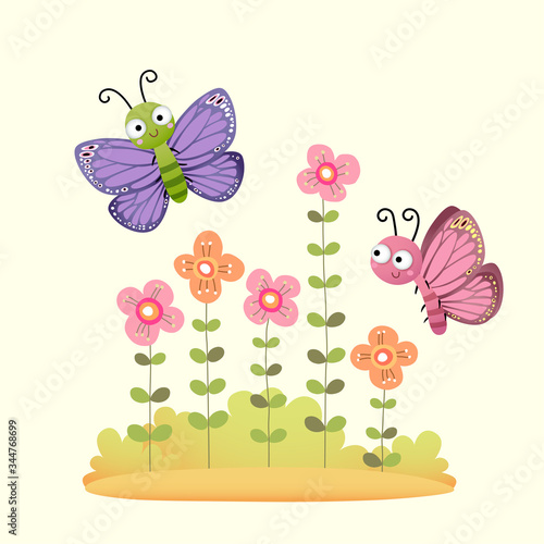 Vector illustration of the cute butterflies flying over the flowers garden.