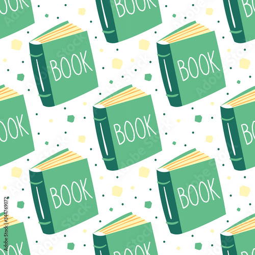 Little cute green novel book. Reading. Education item. Literature. Lifestyle. Publish. Flat cartoon colourful vector hand drawn seamless pattern, texture.