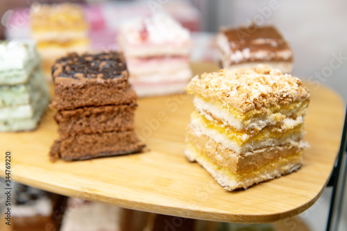 Sponge cakes on a wooden board.
