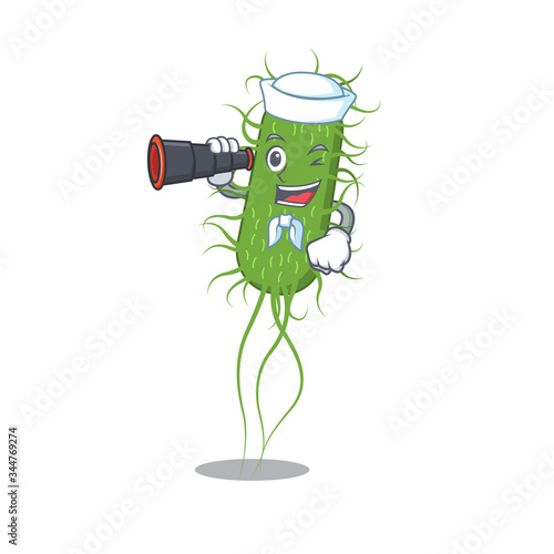A cartoon icon of e.coli bacteria Sailor with binocular