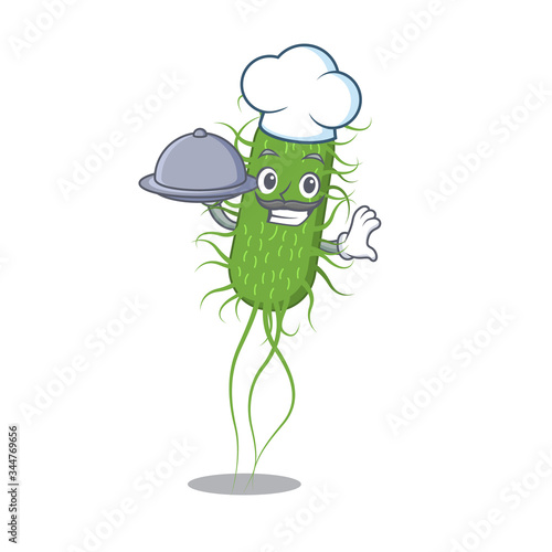E.coli bacteria chef cartoon character serving food on tray