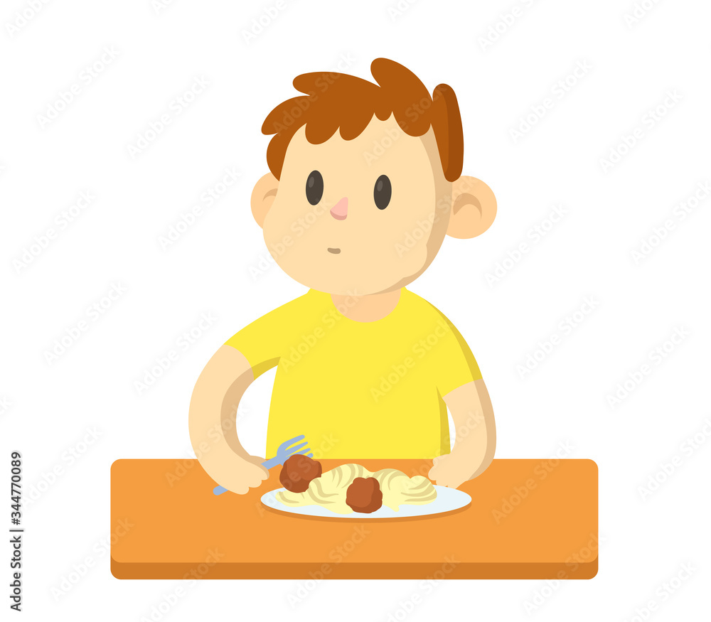 Funny boy having a lunch, cartoon character. Colorful flat vector illustration, isolated on white background. Funny boy having a lunch, cartoon character. Colorful flat vector illustration, isolated on white background.
