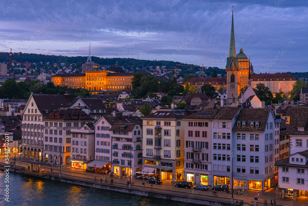 Dramatic view of Zurich at sunset in Switzerland.