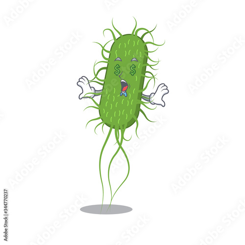 Rich cartoon character design of e.coli bacteria with money eyes
