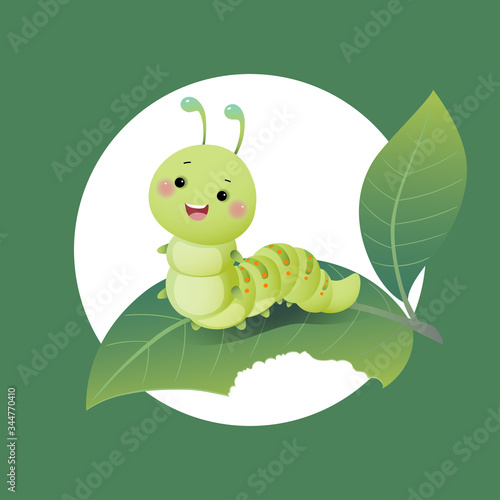 Vector illustration cute cartoon caterpillar chewing green leaf.