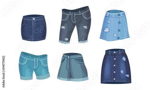 Denim Blue Clothing Items as Womenswear with Denim Skirt and Knee Breeches Vector Set