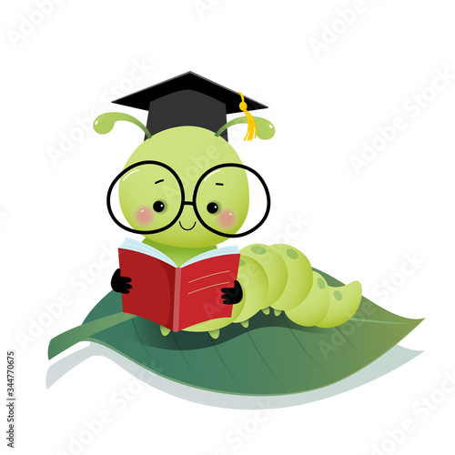 Vector illustration cute cartoon caterpillar worm wearing graduation mortarboard hat and glasses reading a book on the leaf.