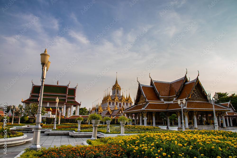 Wat Ratchanatdaram Woravihara (Loha Prasat) during coronation celebrations of His Majesty King Maha Vajiralongkorn Bodindradebayavarangkun (King Rama X), Bangkok, Thailand