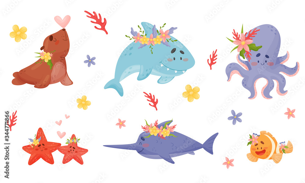 Obraz premium Cute Marine Creatures with Flowers on their Heads Vector Set