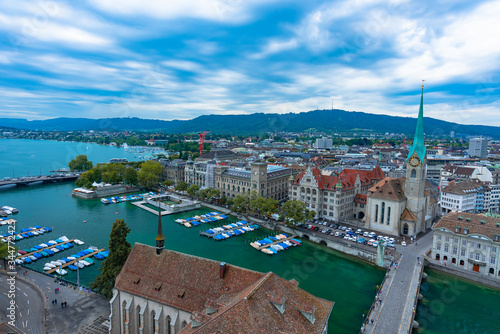 The city scape of Zurich on the top of the gross-muenster.