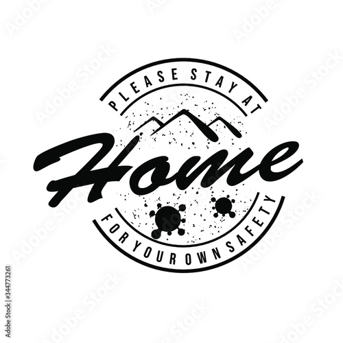 
Grunge vector graphic badge of stay at home campaign virus and house roof silhouette fit for campaign sign or symbol against corona virus