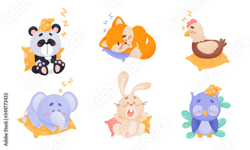 Cute Cartoon Animals Sleeping on Pillow and Yawning Vector Set