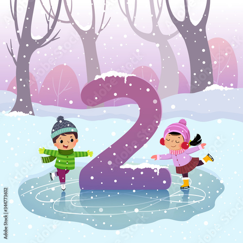 Flashcard for kindergarten and preschool learning to counting number 2 with a number of kids