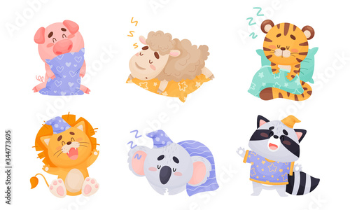 Cute Cartoon Animals Sleeping on Pillow and Yawning Vector Set