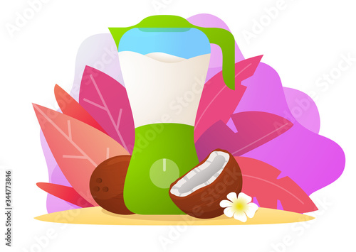 Blender coconut milk.Flat vector illustration. Natural tropical nut beverage.The concept of cooking veggie and vegan food, drink.
