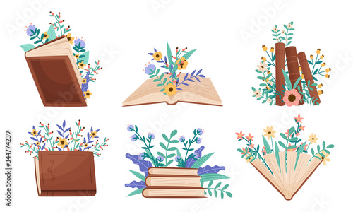 Opened and Closed Books Lying and Standing With Floral Compositions Behind Them Vector Set