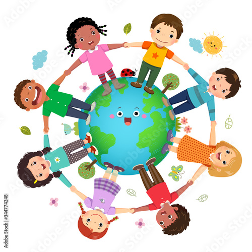 Group of kids holding hands together around the world with World Environment Day concept.