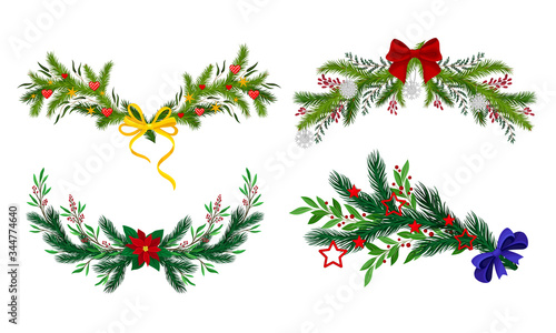 Pine and Fir Tree Branches Decorated with Ribbon and Mistletoe Vector Set