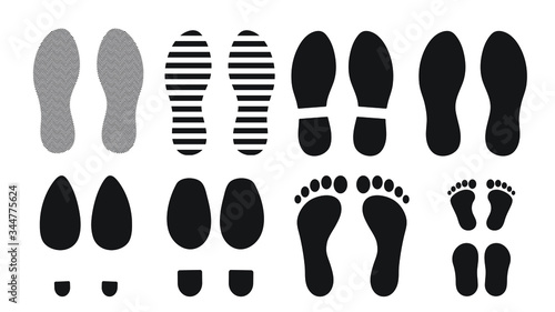 Footprints human silhouette, vector set, isolated on white background. Shoe soles print. Foot print tread, boots, sneakers. Impression icon barefoot.