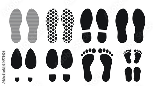 Footprints human silhouette, vector set, isolated on white background. Shoe soles print. Foot print tread, boots, sneakers. Impression icon barefoot.