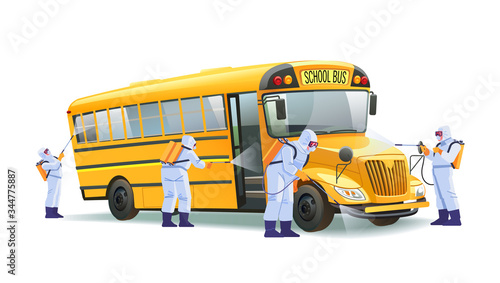 Coronavirus disinfection. Quarantine in school, empty yellow school bus without children. Hazmat team in protective suits decontamination school bus during virus outbreak. Cartoon vector illustration