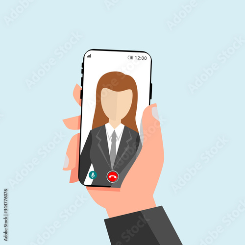 Business woman conference call on mobile phone. Social media marketing concept. Smartphone in Hand.