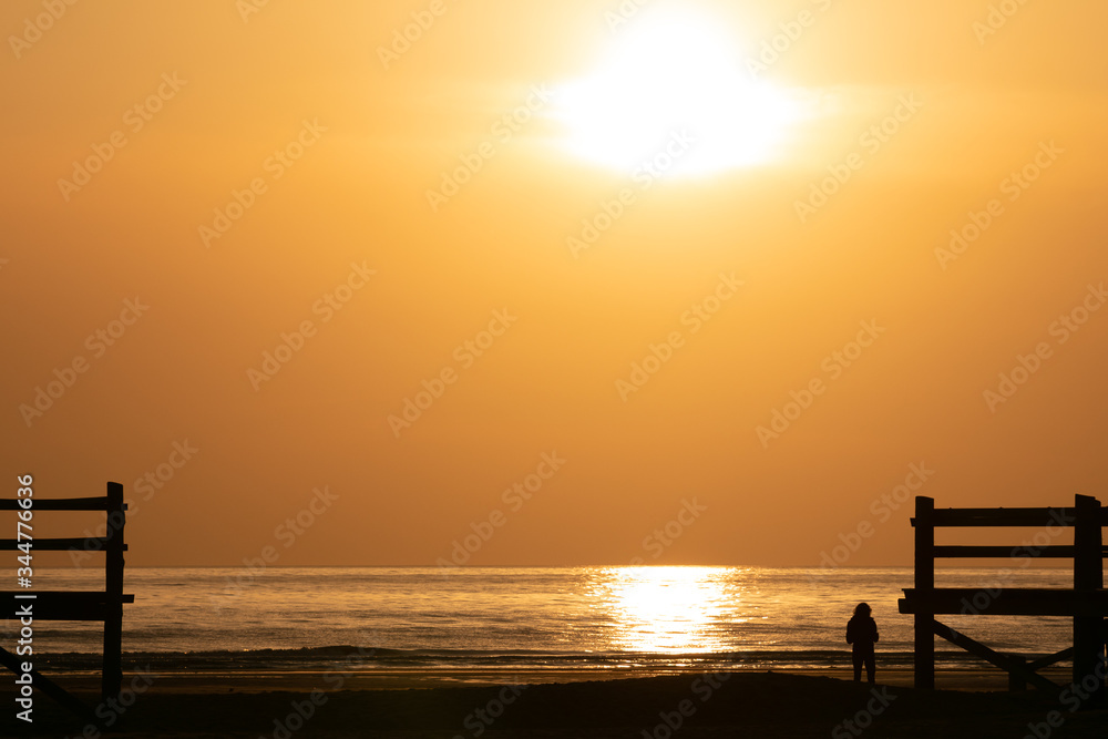 Silhouette of a woman by the sea at sunset
