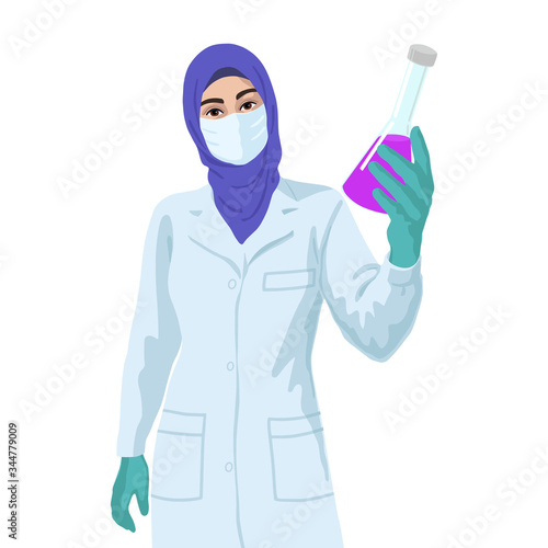 Arabian woman scientist in mask with sample of liquid. Vaccine research concept. © Cincinart