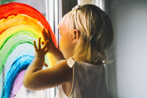 Fotobehang Little girl hands touch painting rainbow on window.