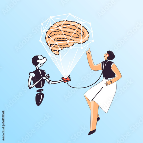 Brain health medical checkup vector illustration - woman with cerebral brain sensor and AI neurologist robot study neuron activity, encephalic disease