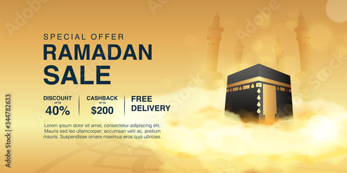 Ramadan Kareem promotional banner background template vector design Decorated With 3d Realistic ka'ba and clound. Islamic eid mubarak special sale 