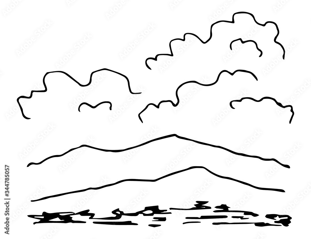 Simple vector drawing in black outline. Nature, landscape, weather, climate. Silhouette of mountains, clouds. Black and white ink sketch. Simple vector drawing in black outline. Nature, landscape, weather, climate. Silhouette of mountains, clouds. Black and white ink sketch.