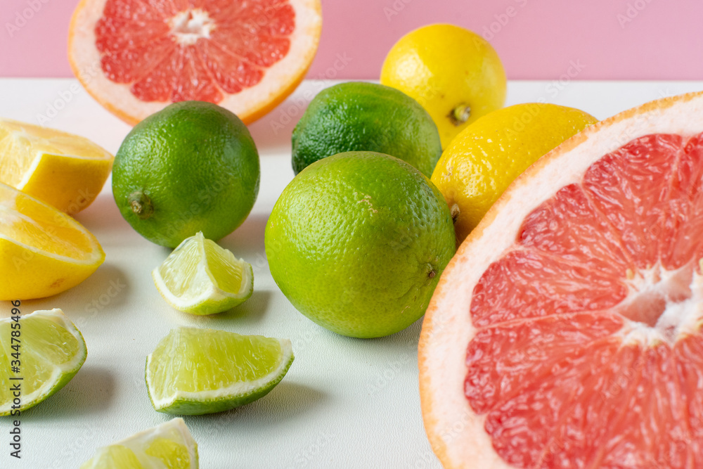 Citrus fruits (orange, lemon, grapefruit, tangerine, lime). Still-life. Citrus fruits (orange, lemon, grapefruit, tangerine, lime). Still-life.
