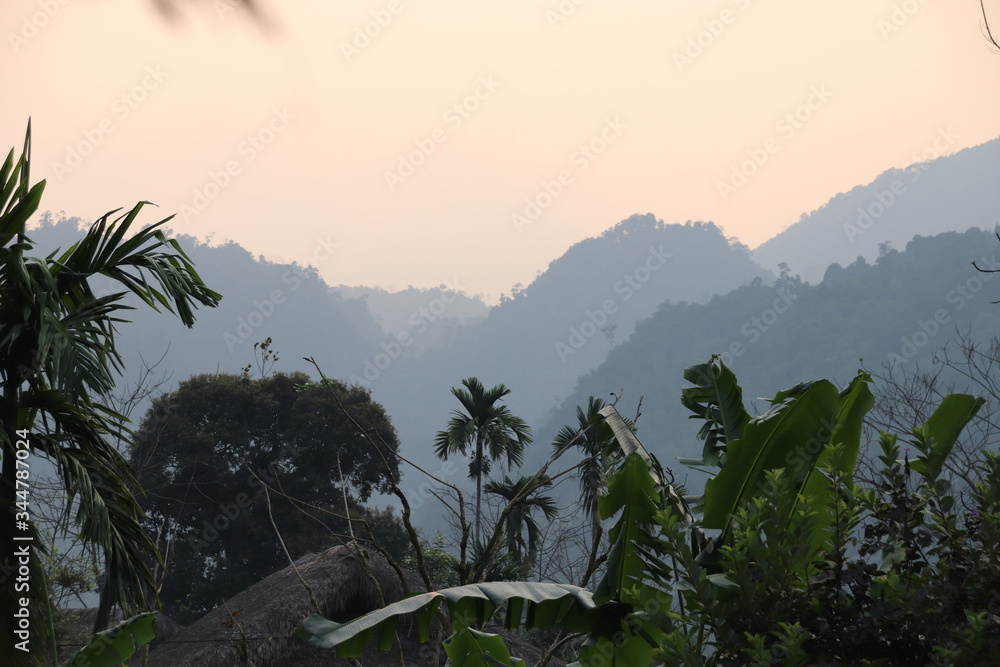 Silhouettes of the mountains in the light of dawn in Ha giang, Vietnam