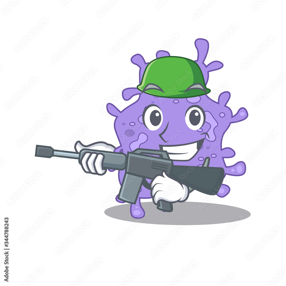 A cartoon picture of staphylococcus aureus in Army style with machine gun A cartoon picture of staphylococcus aureus in Army style with machine gun