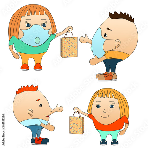 People give each other presents. Individual medical masks - protect your health from viruses and bacteria. Characters in a flat style. Isolated on a white.