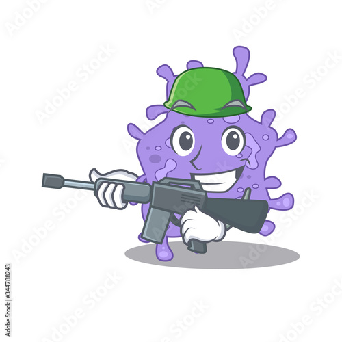 A cartoon picture of staphylococcus aureus in Army style with machine gun