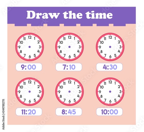 Draw the time worksheet for preschool kids. Time Learning Exercises. Game for Children.	