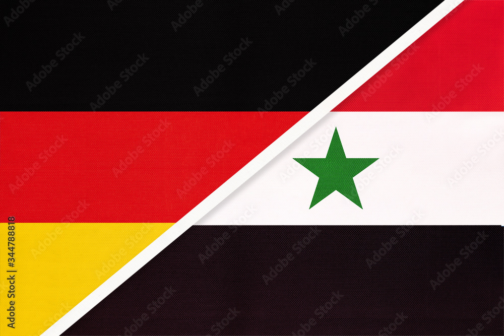 Germany vs Syria, symbol of two national flags. Relationship between European and Asian countries.